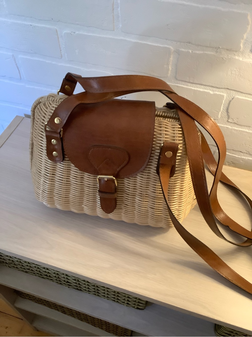 Woven Straw Crossbody Bag with Brown Leather Trim